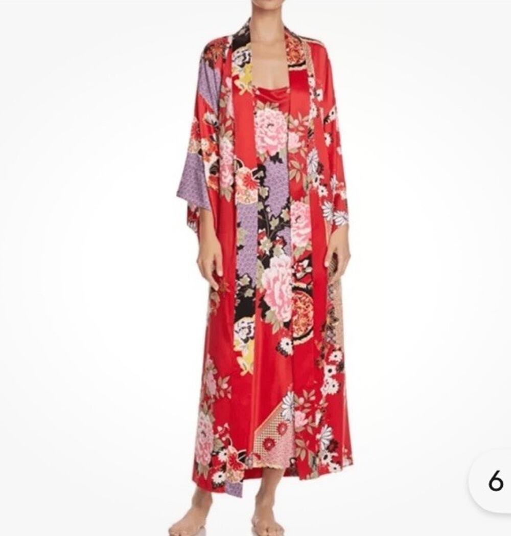 Natori Private Luxuries Mikado Robe Red Satin Kimono Style Sz L Vintage, Boho